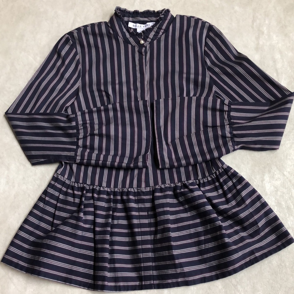 Belle Vere Woman’s Strip Navy Blue Button Down Blouse Shirt Stretch Size XS
